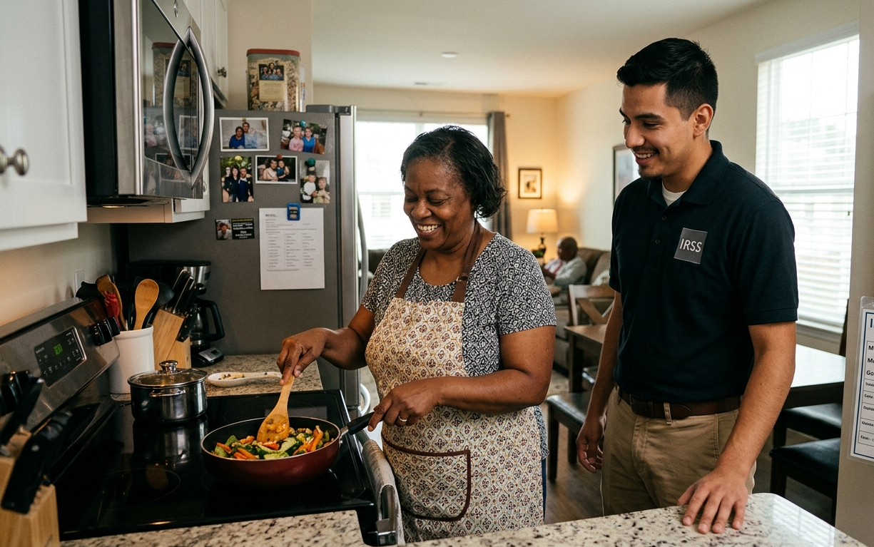 Caregiver assisting individual at home with residential support services